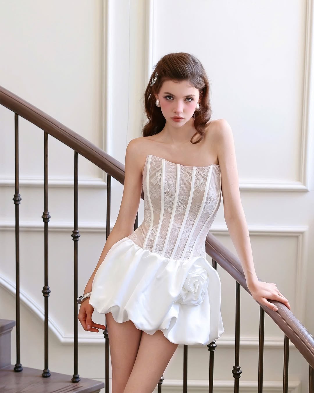 Flowering Girl Women Flower Bud Puffy Strapless Mini Dress In White