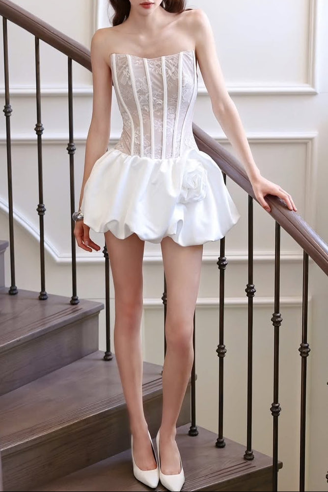 Flowering Girl Women Flower Bud Puffy Strapless Mini Dress In White