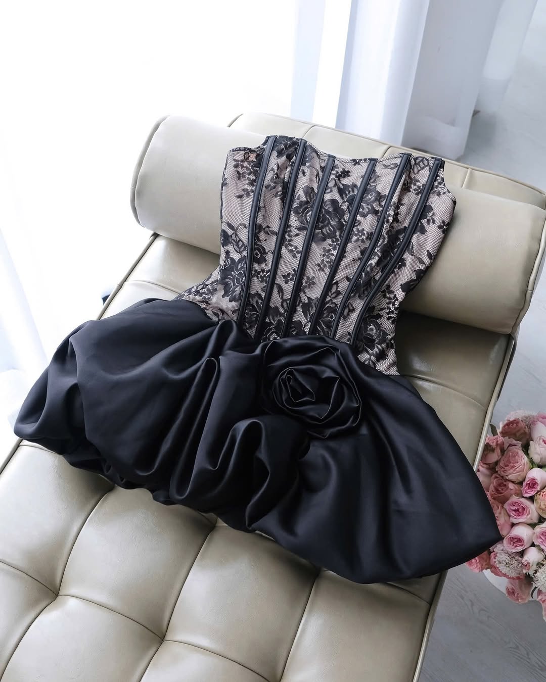 Flowering Girl Women Flower Bud Puffy Strapless Mini Dress In Black