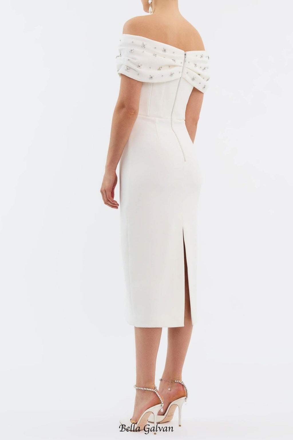 Off Shoulder Crystal Embellished Midi Dress