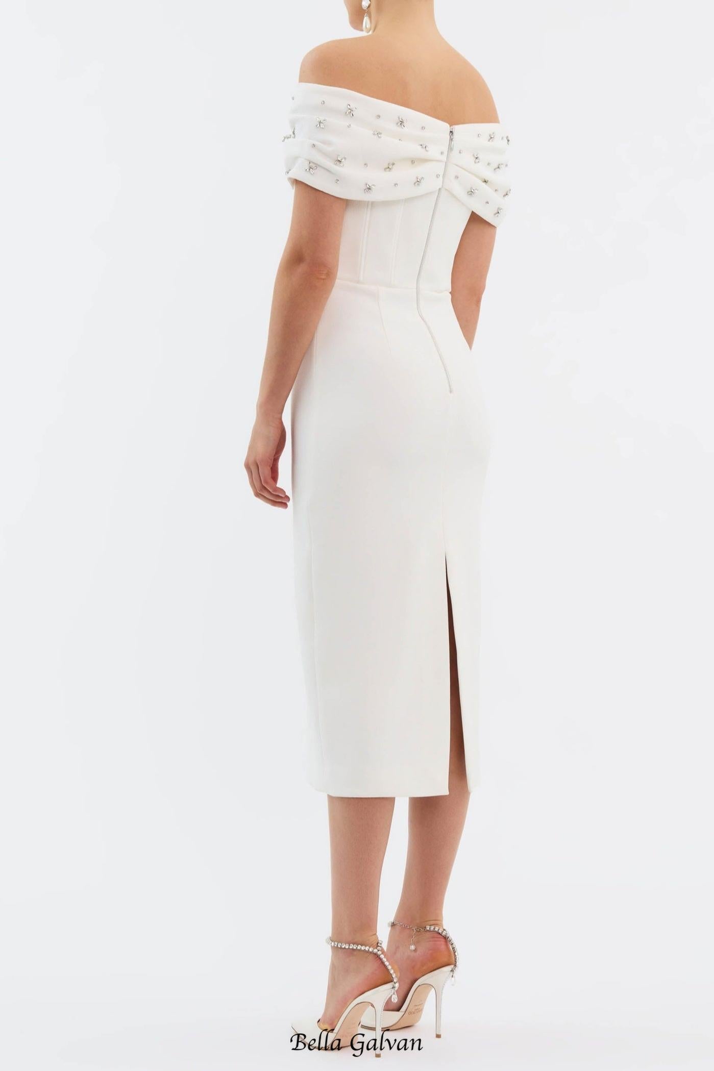 Off Shoulder Crystal Embellished Midi Dress