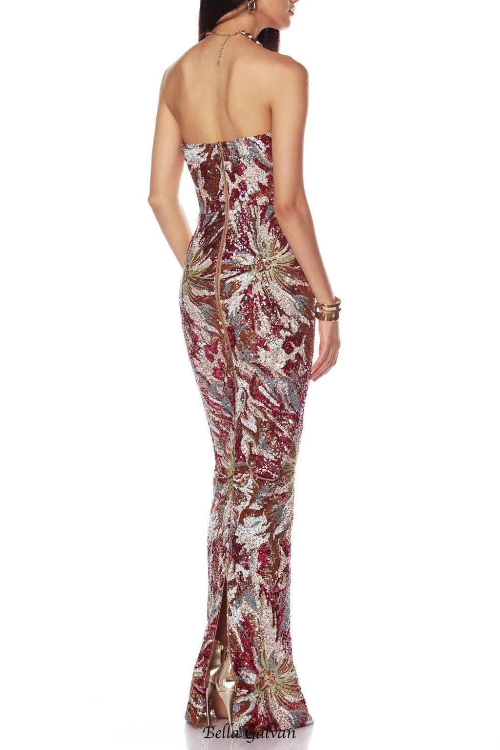 vivien fireworks pattern sequin embroidery strapless maxi dress