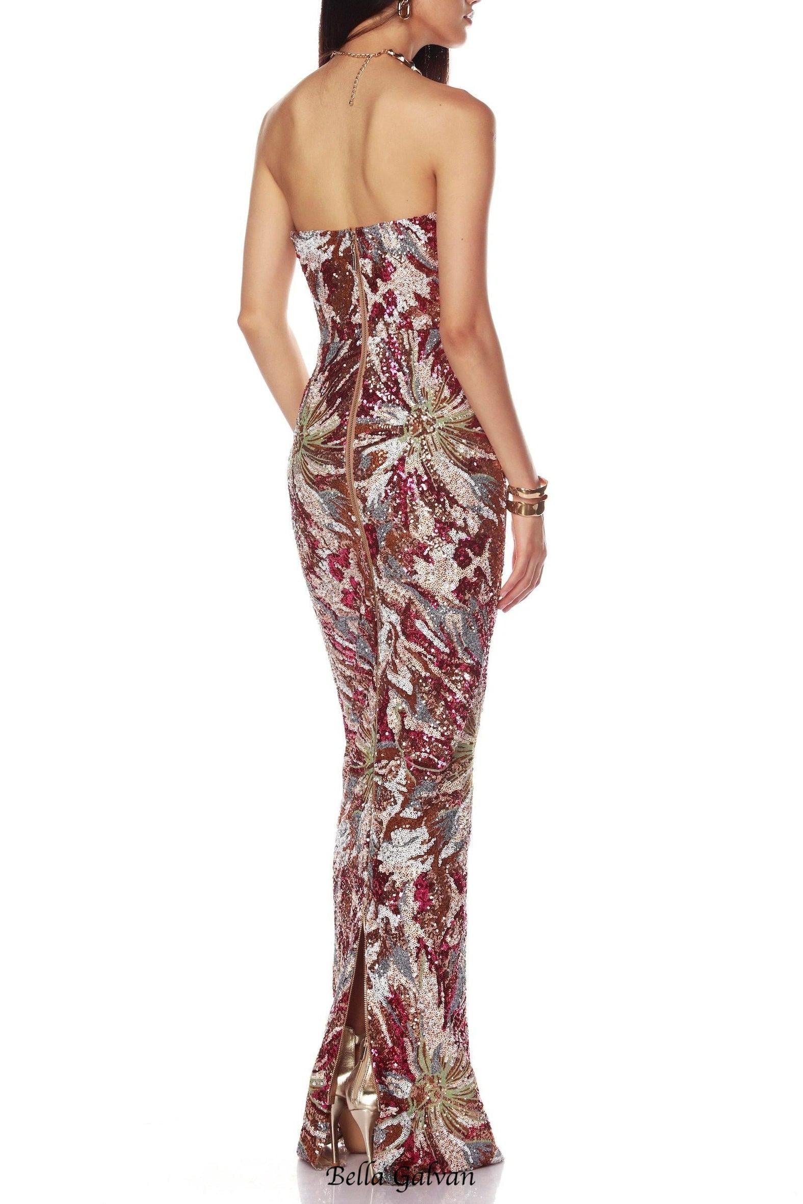 vivien fireworks pattern sequin embroidery strapless maxi dress