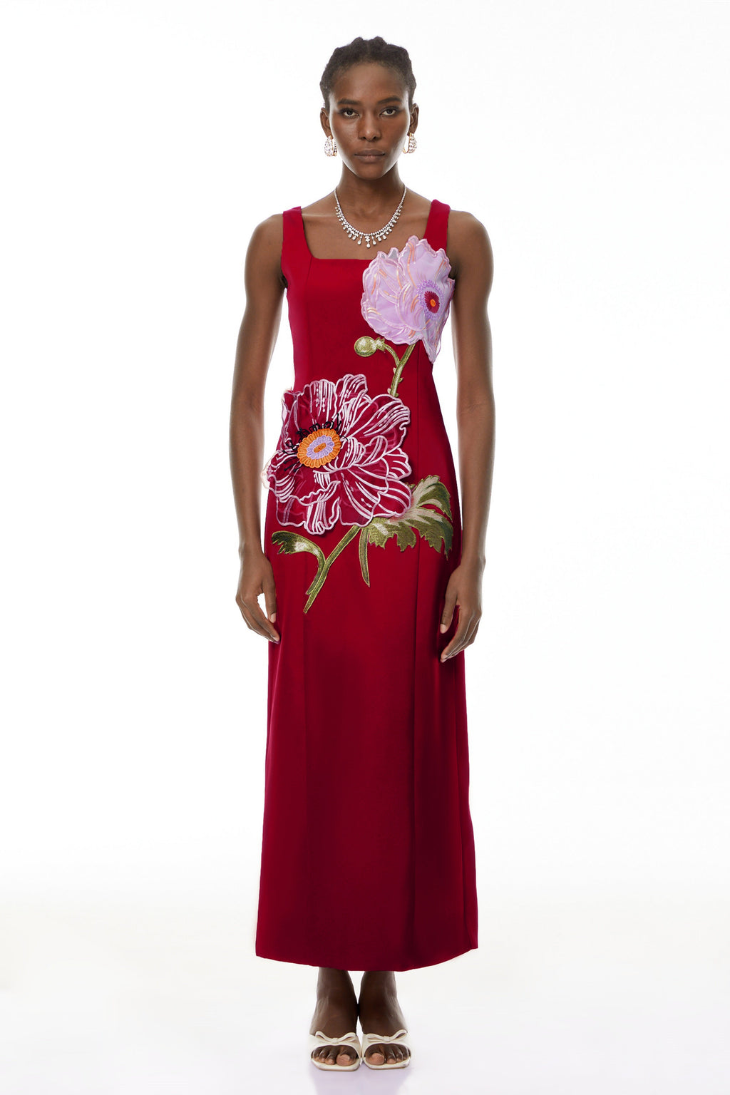 nicola square neck flower embroidery satin maxi dress in red
