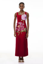 nicola square neck flower embroidery satin maxi dress in red