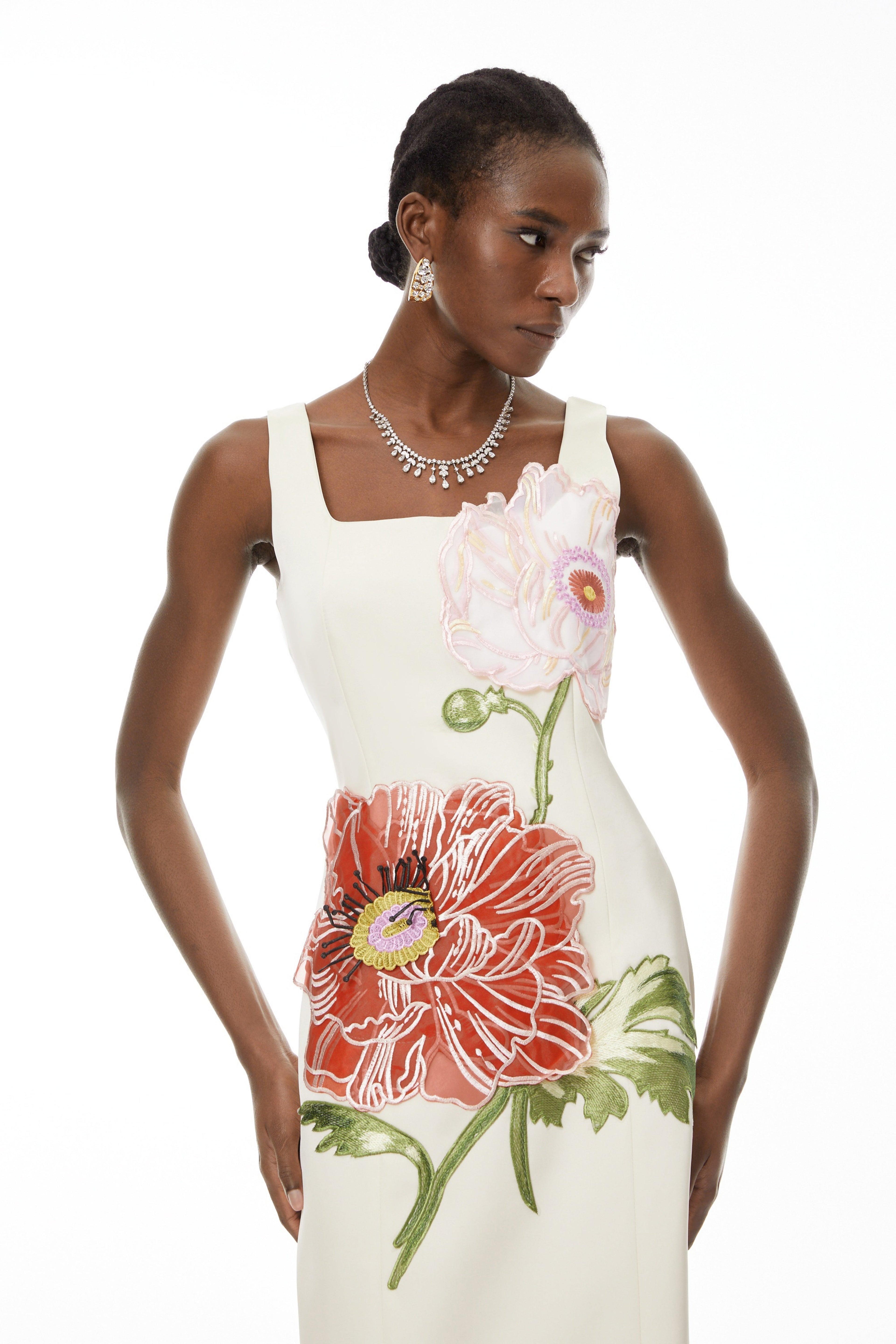 nicola square neck flower embroidery satin maxi dress in apricot