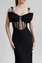 Flowering Girl Women Dancis See-Through Corset Maxi Dress - Black