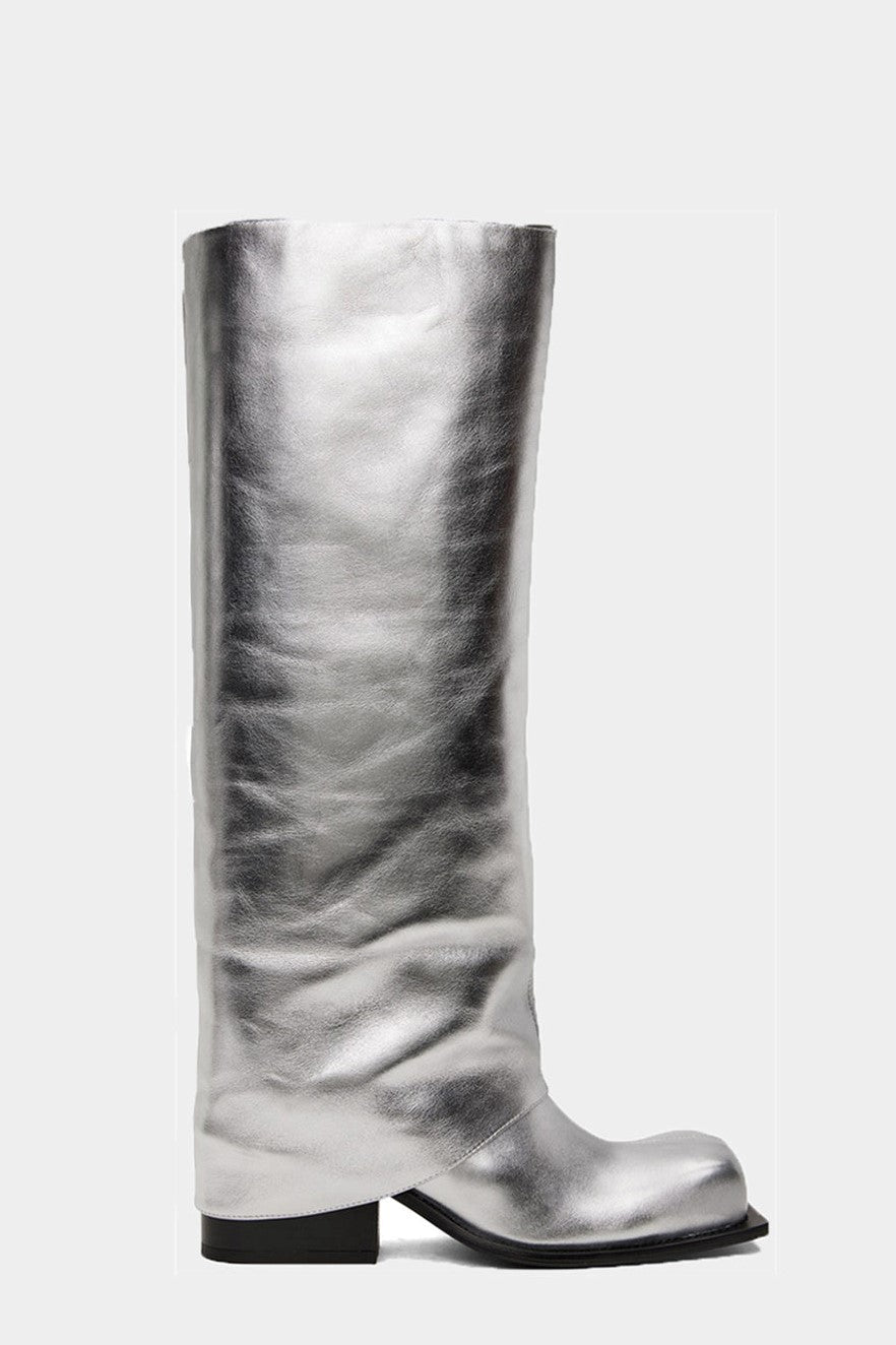 Flowering Girl Women Danika Chunky Heel Metallic Trouser Boots - Silver