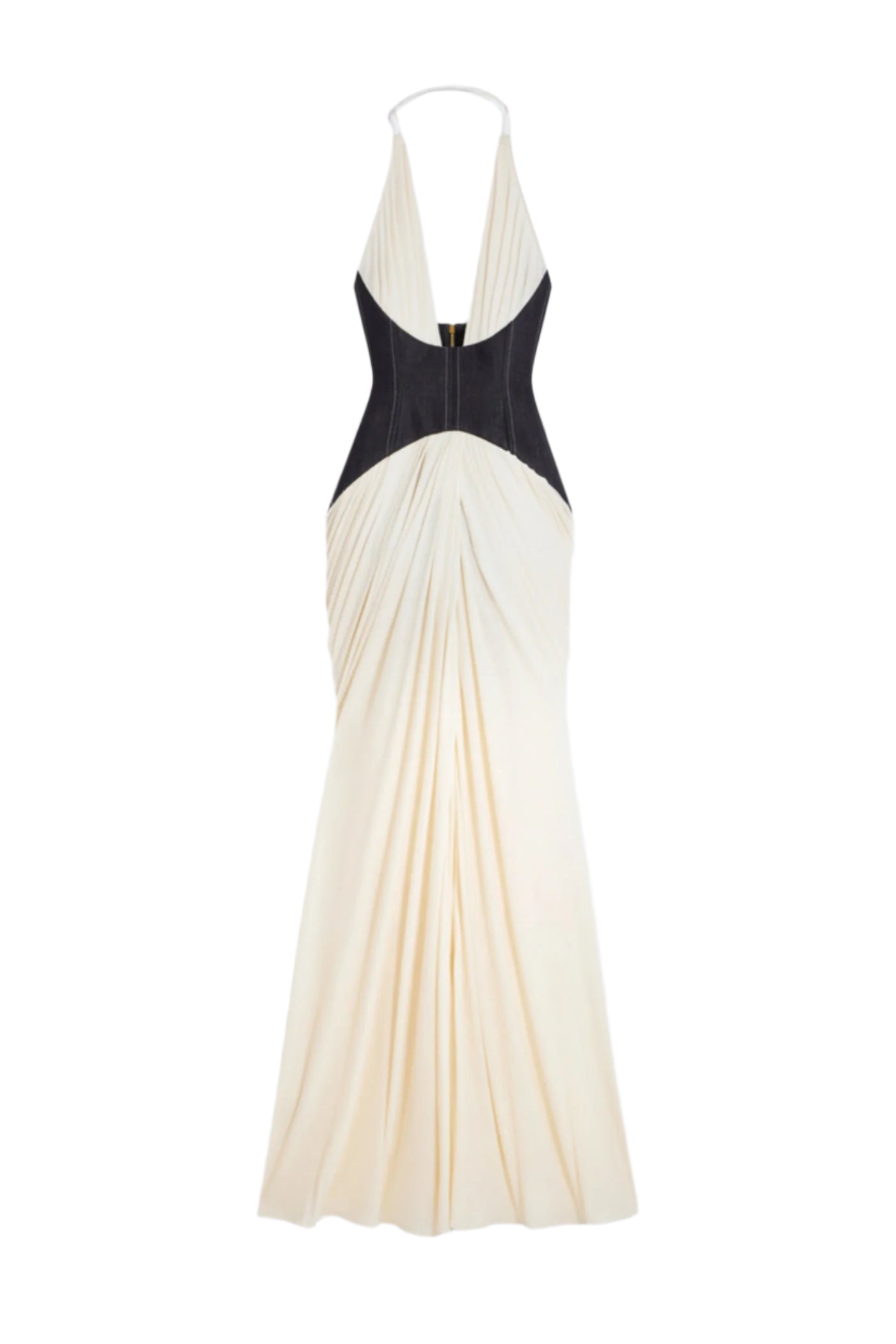 Daryle Halter Denim Corset Ruched Maxi Dress