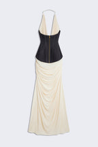 Daryle Halter Denim Corset Ruched Maxi Dress
