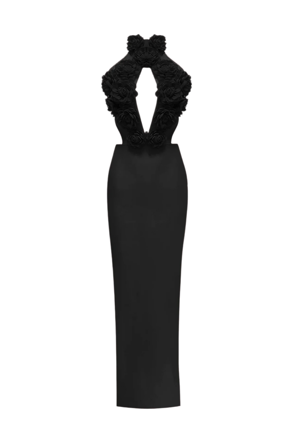 Flowering Girl Women Datherine Floral Appliqué Halter Maxi Bandage Dress - Black