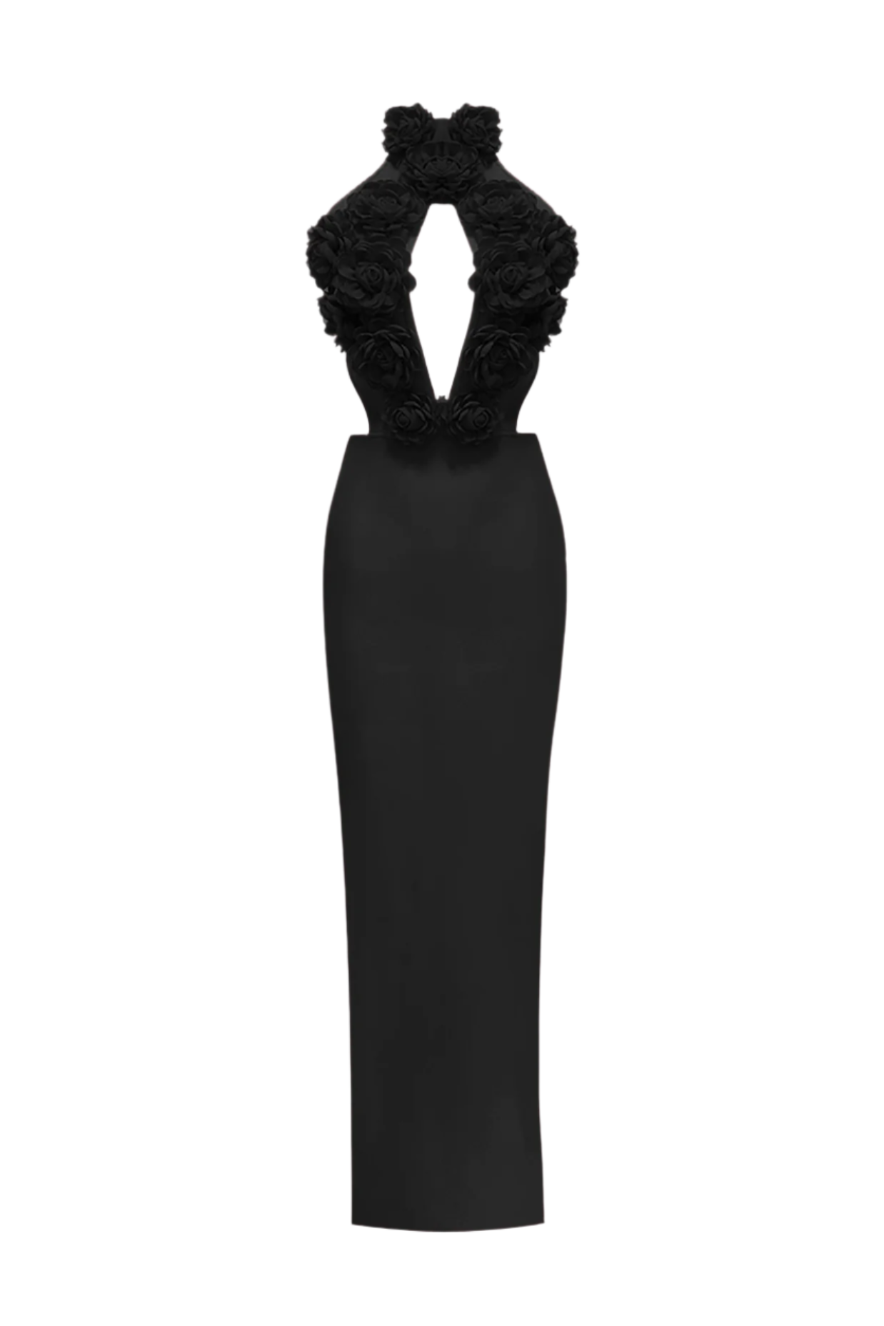 Flowering Girl Women Datherine Floral Appliqué Halter Maxi Bandage Dress - Black