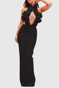 Flowering Girl Women Datherine Floral Appliqué Halter Maxi Bandage Dress - Black