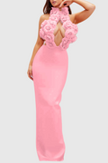 Flowering Girl Women Datherine Floral Appliqué Halter Maxi Bandage Dress - Pink