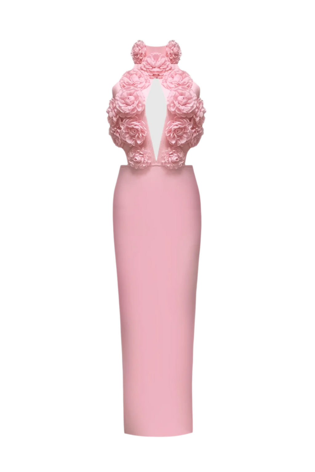 Flowering Girl Women Datherine Floral Appliqué Halter Maxi Bandage Dress - Pink