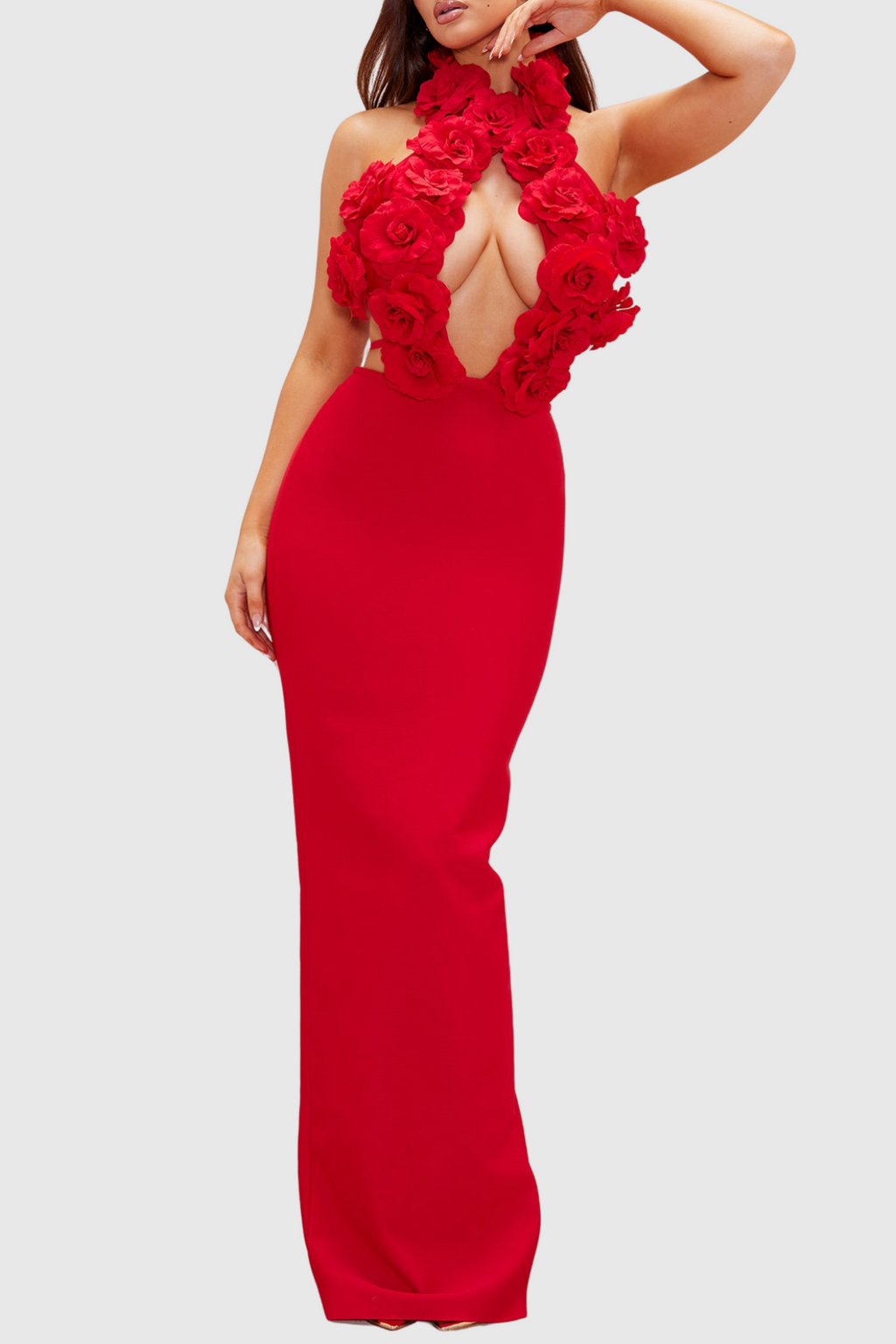 Flowering Girl Women Datherine Floral Appliqué Halter Maxi Bandage Dress - Red