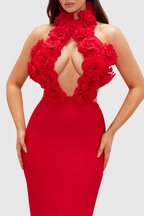 Flowering Girl Women Datherine Floral Appliqué Halter Maxi Bandage Dress - Red