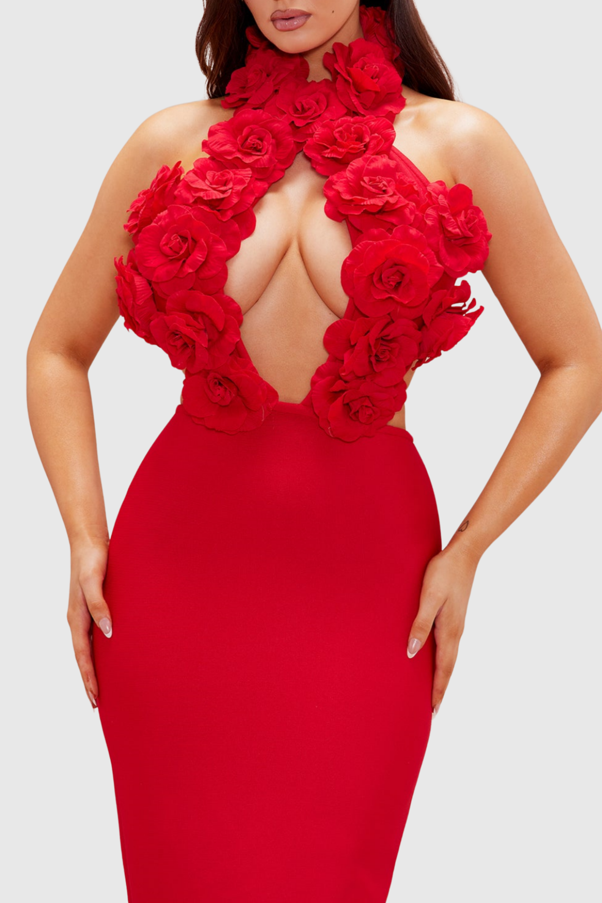 Flowering Girl Women Datherine Floral Appliqué Halter Maxi Bandage Dress - Red