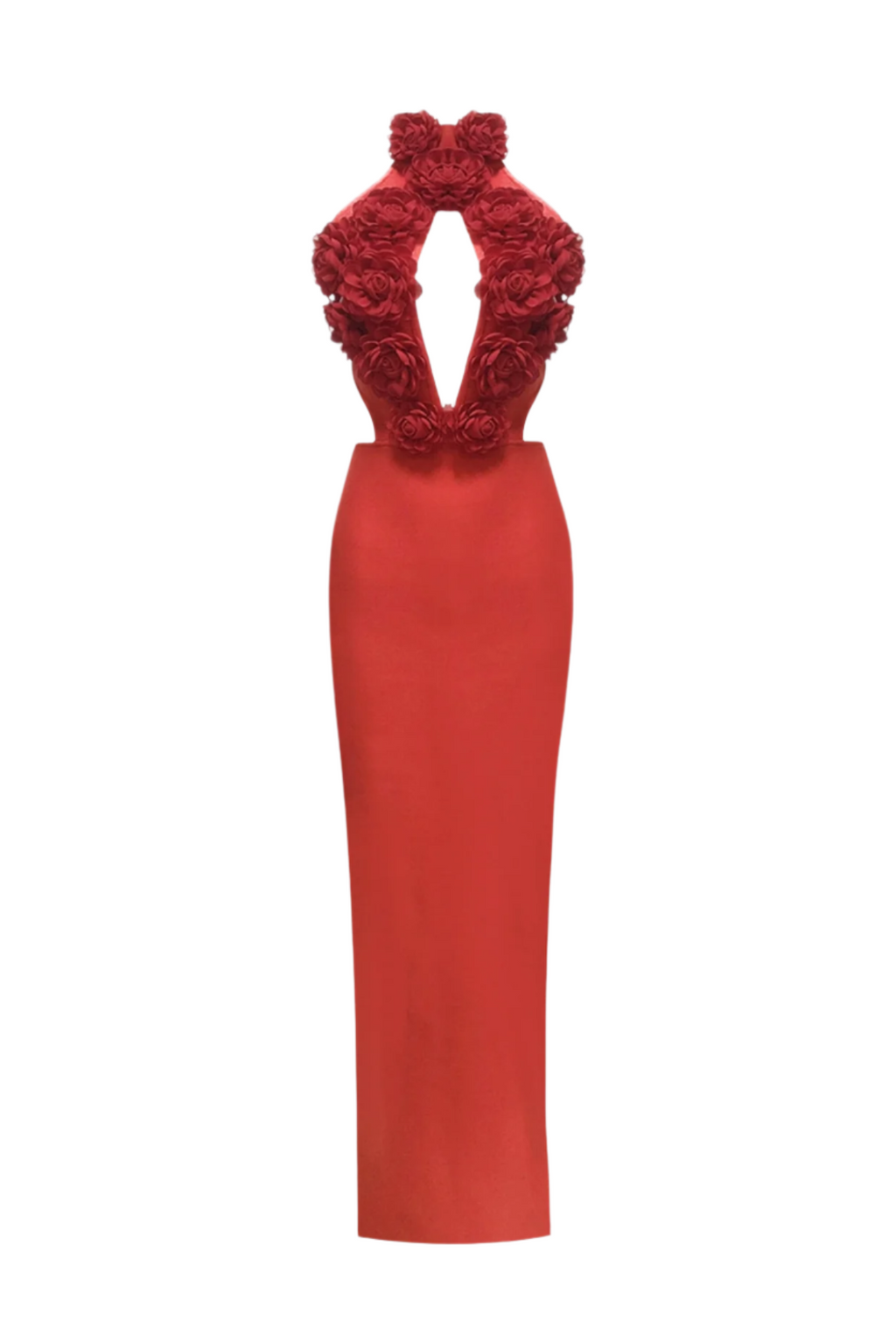 Flowering Girl Women Datherine Floral Appliqué Halter Maxi Bandage Dress - Red