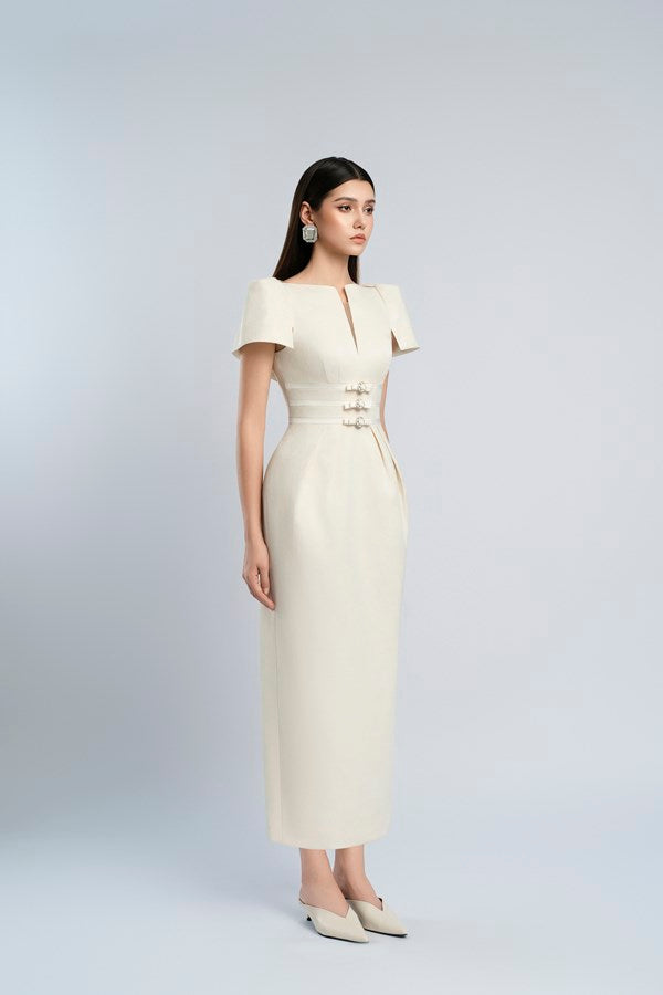 Flowering Girl Women v-cut neckline maxi dress in beige