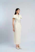 Flowering Girl Women v-cut neckline maxi dress in beige