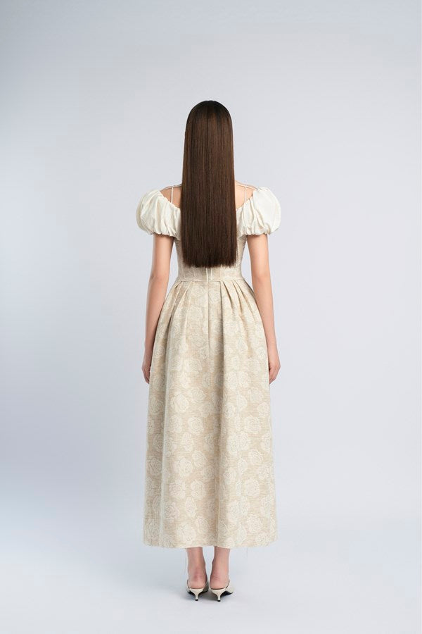 Flowering Girl Women boat neck corset maxi dress in beige