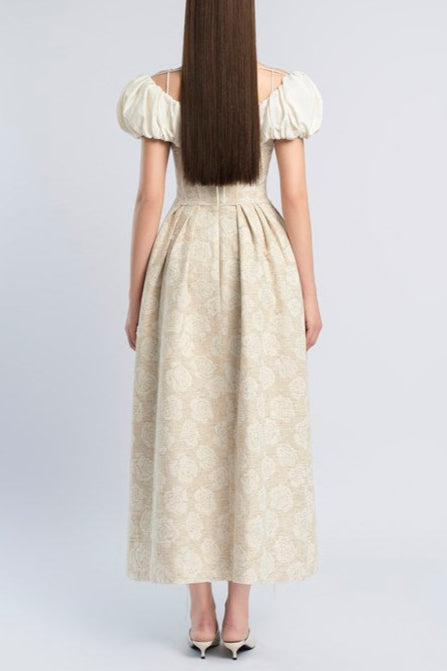 Flowering Girl Women Boat Neck Corset Maxi Dress In Beige