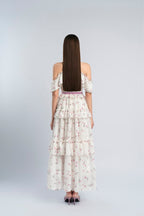 Flowering Girl Women floral print bow collar ruffle flared maxi dress