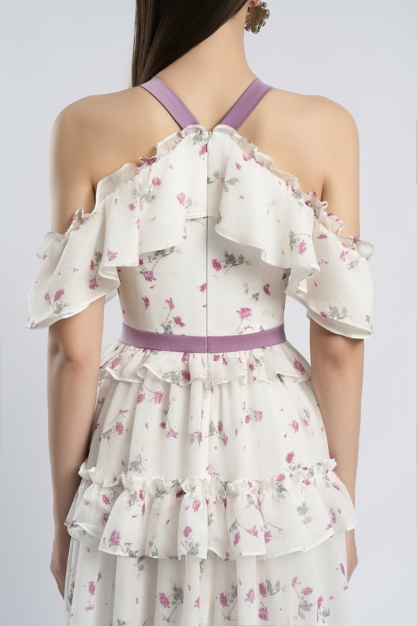 Flowering Girl Women floral print bow collar ruffle flared maxi dress