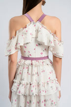 Flowering Girl Women floral print bow collar ruffle flared maxi dress
