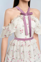 Flowering Girl Women floral print bow collar ruffle flared maxi dress