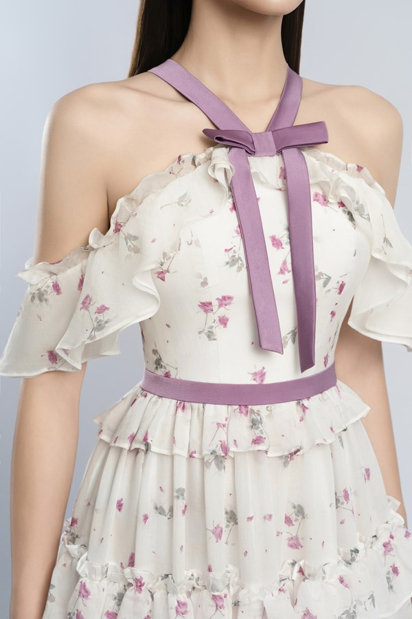 Flowering Girl Women floral print bow collar ruffle flared maxi dress