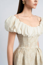 Flowering Girl Women boat neck corset maxi dress in beige