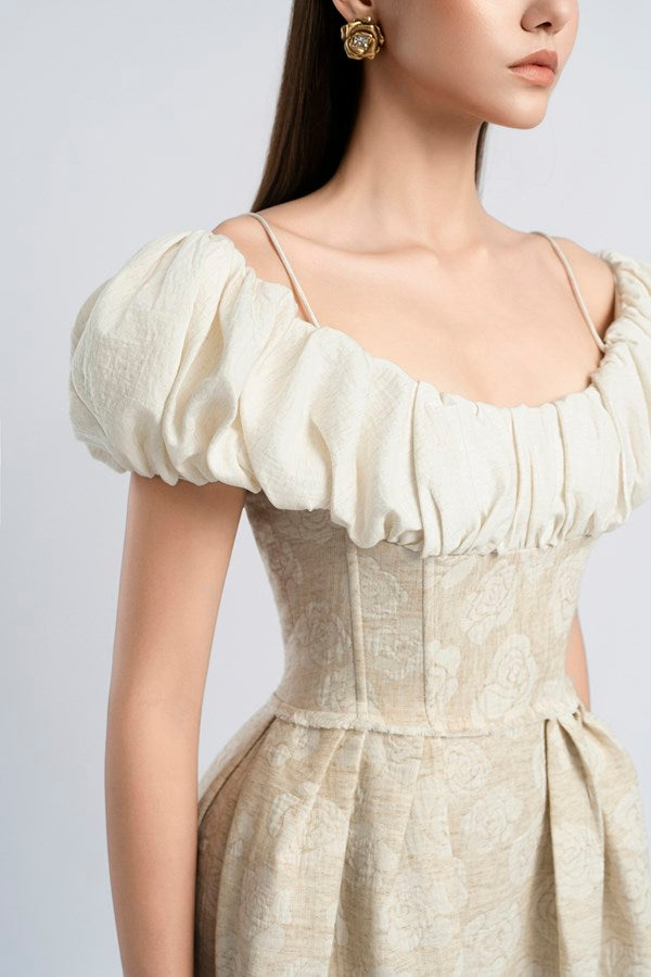 Flowering Girl Women boat neck corset maxi dress in beige