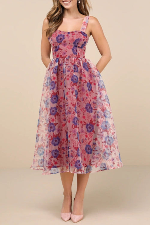 Flowering Girl Women Delightful Look Magenta Floral Print Bustier Midi Skater Dress
