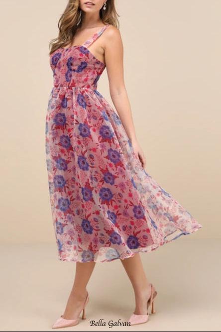 Delightful Look Magenta Floral Print Bustier Midi Skater Dress