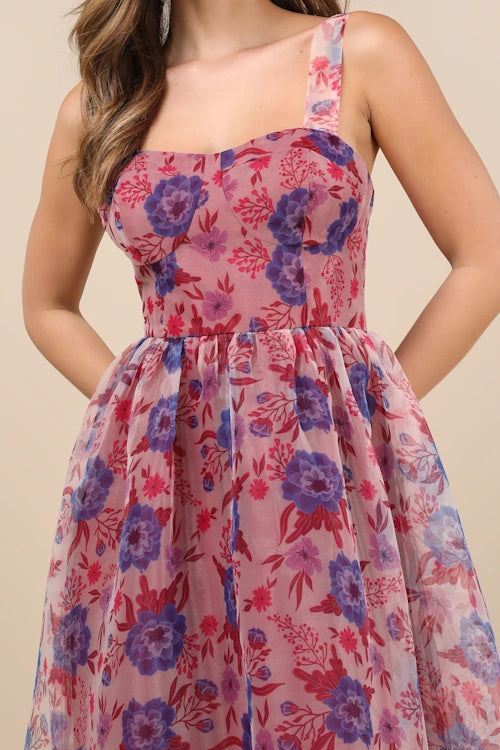 Flowering Girl Women Delightful Look Magenta Floral Print Bustier Midi Skater Dress