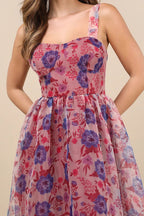 Flowering Girl Women Delightful Look Magenta Floral Print Bustier Midi Skater Dress