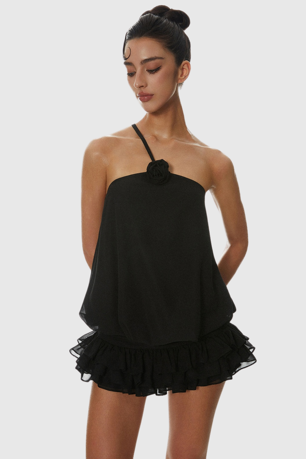Dellesa Floral One Shoulder Top - Black