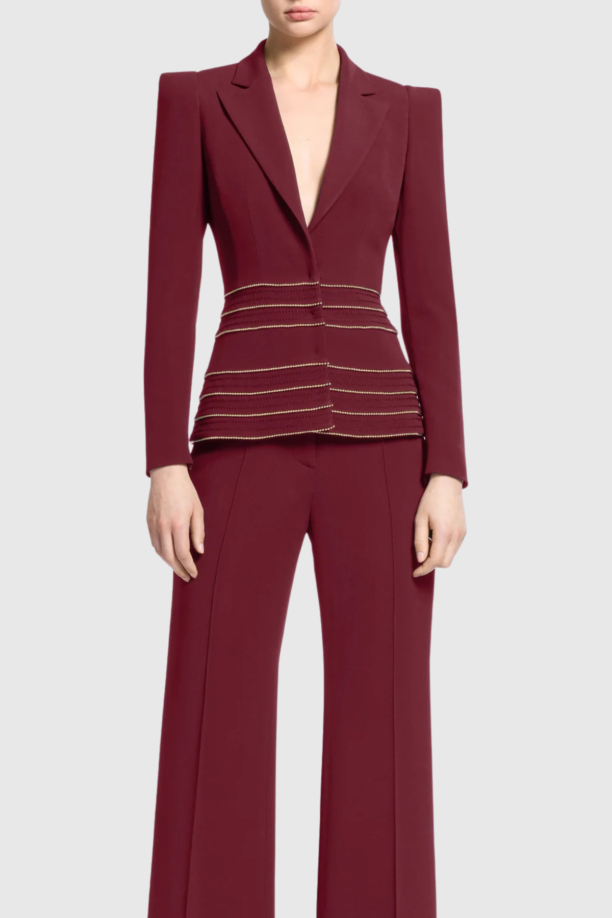 Flowering Girl Women Sandy Trim Embellished Blazer & Pants Set - Wine