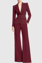 Flowering Girl Women Sandy Trim Embellished Blazer & Pants Set - Wine