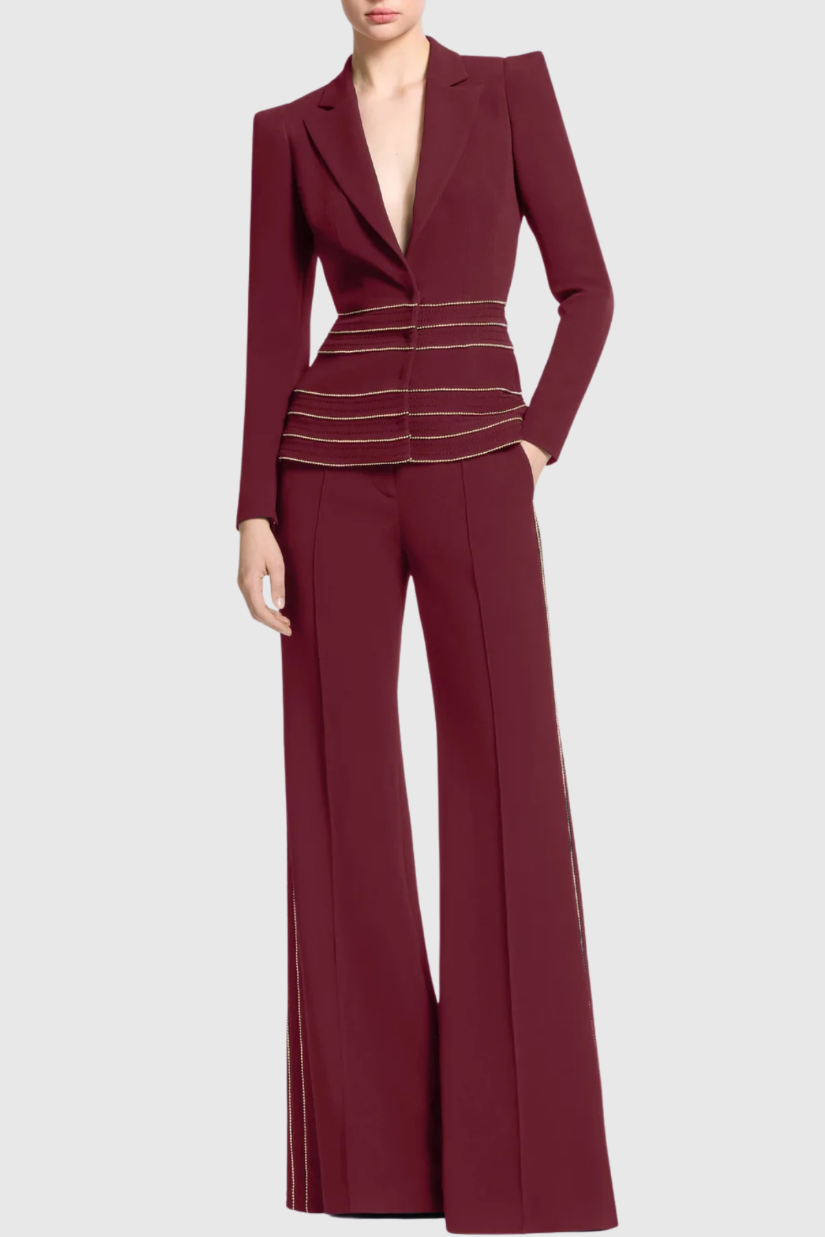 Flowering Girl Women Sandy Trim Embellished Blazer & Pants Set - Wine