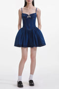 Flowering Girl Women Denim Diamante Bow Sweetheart Mini Dress