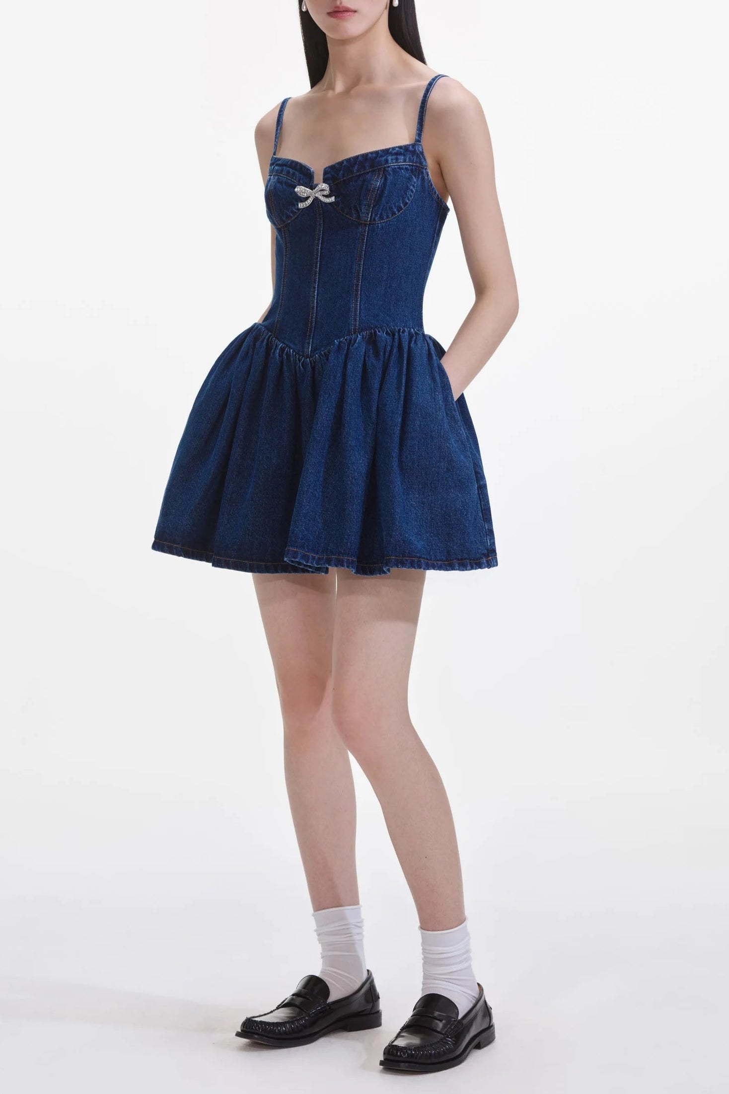Flowering Girl Women Denim Diamante Bow Sweetheart Mini Dress