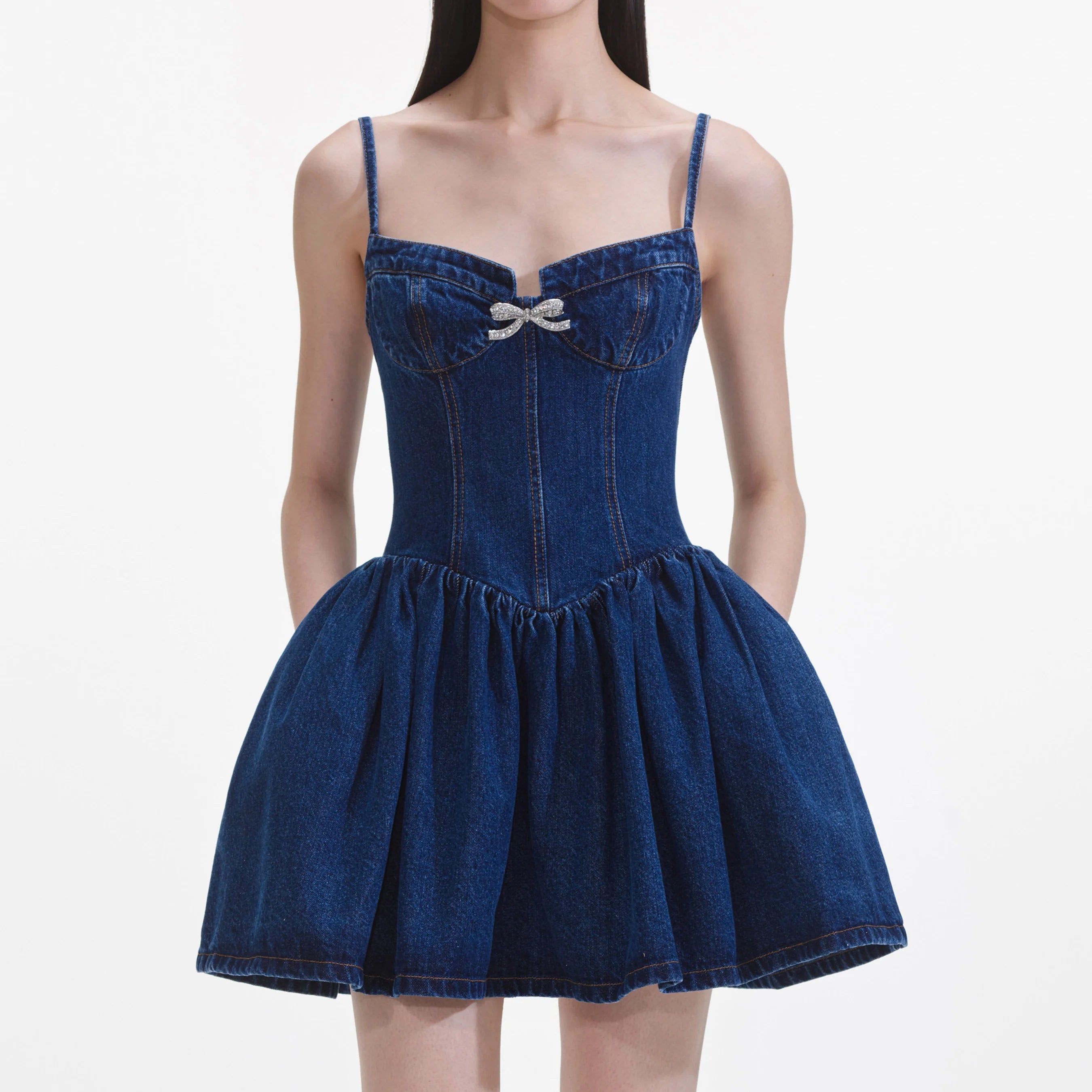 Flowering Girl Women Denim Diamante Bow Sweetheart Mini Dress
