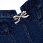 Flowering Girl Women Denim Diamante Bow Sweetheart Mini Dress