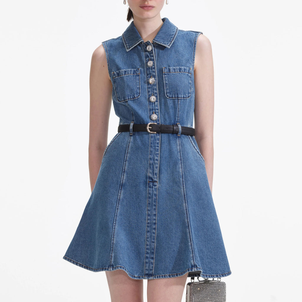 Flowering Girl Women Denim Sleeveless Pearl Mini Dress