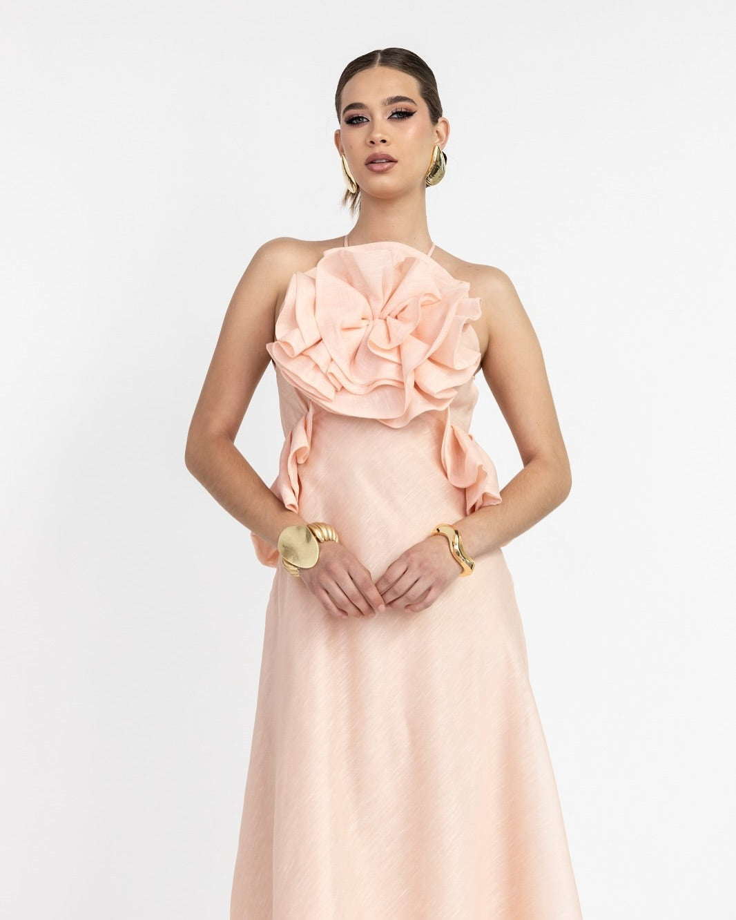 aurora Halter Neck Ruffle Maxi Dress in pink