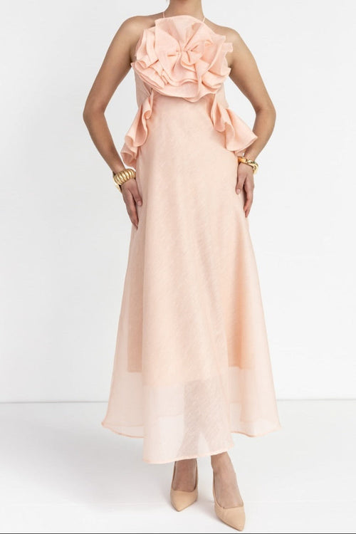 Aurora Halter Neck Ruffle Maxi Dress In Pink