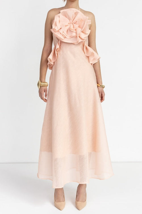 Flowering Girl Women aurora Halter Neck Ruffle Maxi Dress in pink
